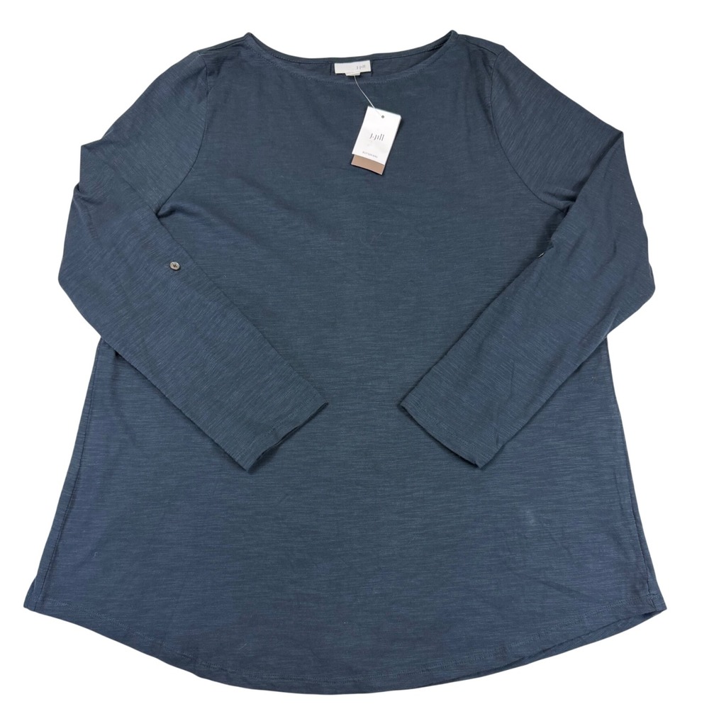 J. Jill Deep Blue Slub Knit Roll Tab Sleeve Button Back Top Womens Large NWT